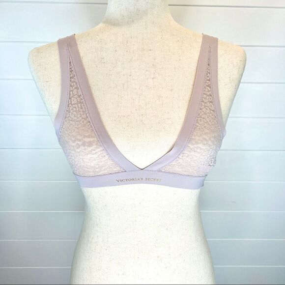 Victoria's Secret Other - Victoria’s Secret Pale Lilac lace Bralette XS Deep V Gold Lettering